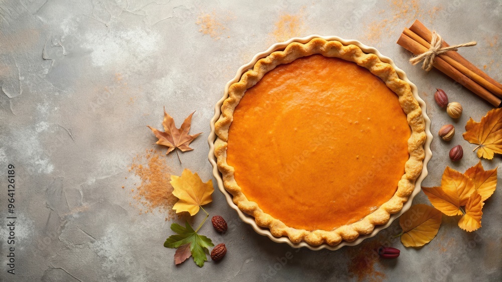 Traditional pumpkin pie on light table with copy space from above view Traditional pumpkin pie on light table with copy space from above view