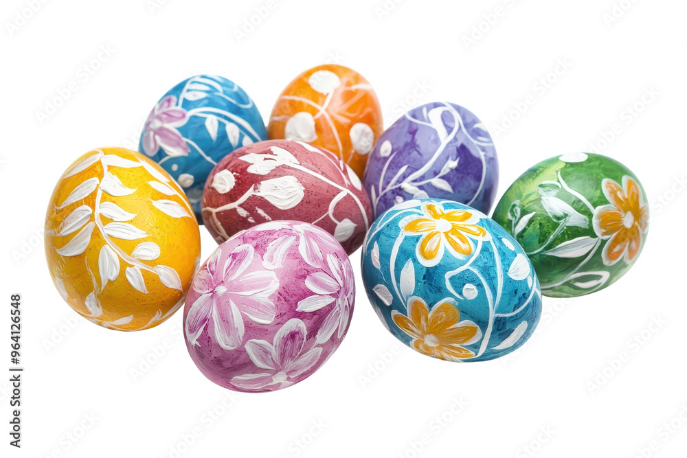 Fototapeta premium Brightly colored Easter eggs with intricate patterns, perfect for festive decoration and celebration. Vibrant hues and detailed designs highlight tradition.