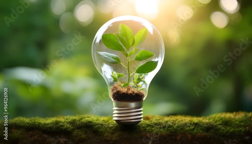 eco-friendly light bulb with plant inside outside on blurred green garden background