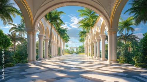 Stunning outdoor 3D architectural design with elegant arches, set against a realistic background of blue skies and lush greenery