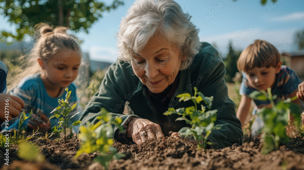 Women grandmother and granddaughter are planting in the garden Women grandmother and granddaughter are planting in the garden