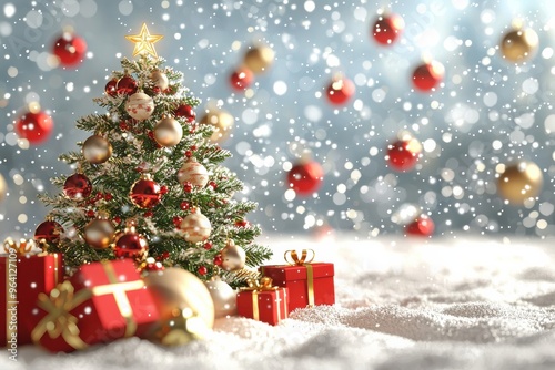 Festive Christmas tree with ornaments and gifts surrounded by snowfall