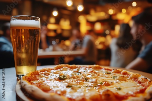 a Pizza  four-cheese  near a pint of beer on a table in a restaurant, concept of restraunt and pub food with drinks, fast food photo