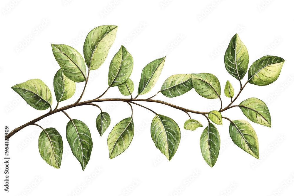 Close-up of a natural green leafy branch isolated on a transparent background. showcasing detailed botanical elements and vein structure. Close-up of a natural green leafy branch isolated on a transparent background. showcasing detailed botanical elements and vein structure.