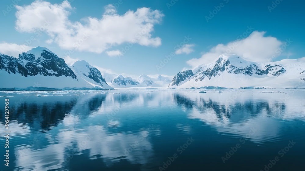 Fototapeta premium Glacier mountains and calm sea in arctic landscape
