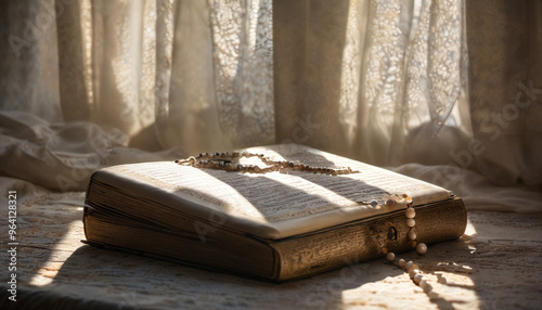 Quran and Prayer Beads on Fabric with Gentle Sunlight Through Curtains photo