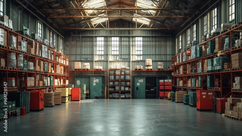 Clean warehouse with empty pallet racks and shining concrete floor.