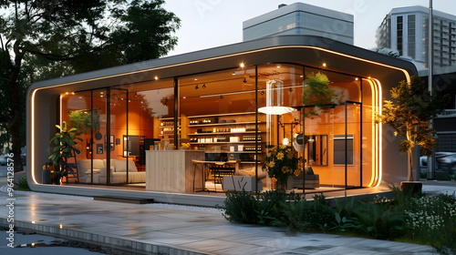 Fototapeta Naklejka Na Ścianę i Meble -  A small building with a glass front and a green plant in front of it 