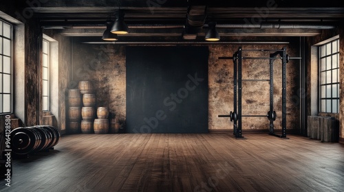 Gym interior with heavy equipment and cinematic lighting