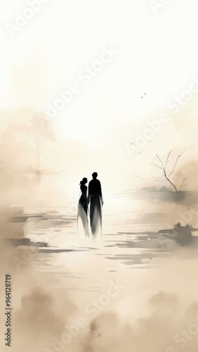 Silhouetted couple in serene landscape