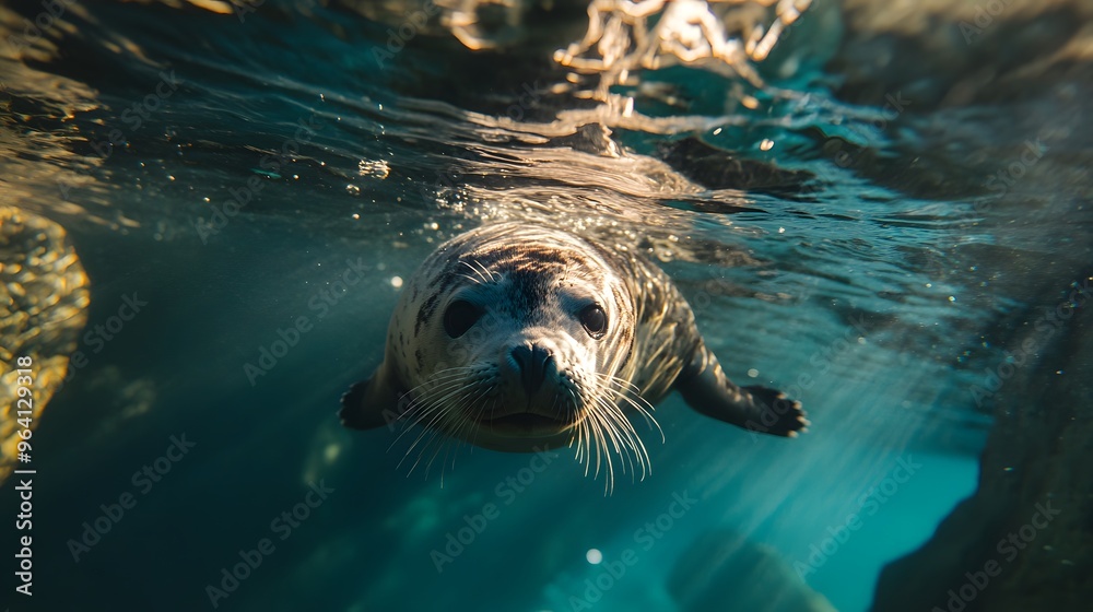 Fototapeta premium Seal Swimming Underwater in Sunbeams