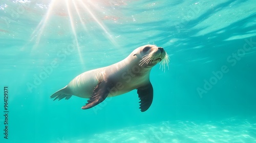 Seal Swimming Underwater in Sunbeams