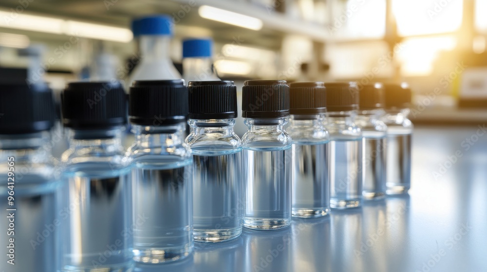 Glass vials with clear liquid on a lab shelf with equipment in the background Glass vials with clear liquid on a lab shelf with equipment in the background