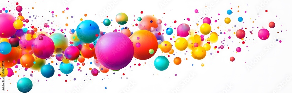 Colorful spheres, balls, and particles in motion on a white background Colorful spheres, balls, and particles in motion on a white background