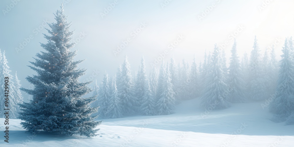 Fototapeta premium Snow-covered Christmas tree with red ornaments and gifts in a snowy winter park, with snow falling. Traditional winter holiday concept.