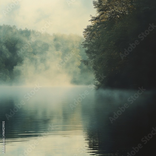 Soft morning mist hovering over water, with gentle sunlight filtering through, creating a mysterious and serene atmosphere. --v 6.1 Job ID: ba214ded-40d0-49b3-b3a5-5cd146772d68