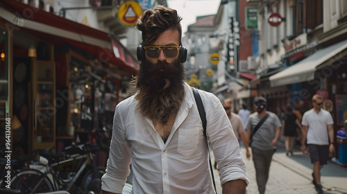 A handsome man with long beard wearing white shirt and headphones walking in the street 