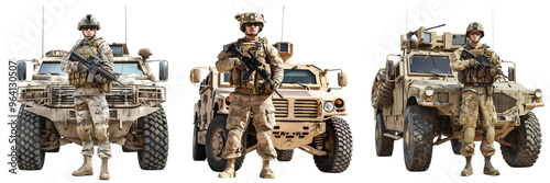 Set of modern soldier standing in front of a military vehicle isolated on a transparent background