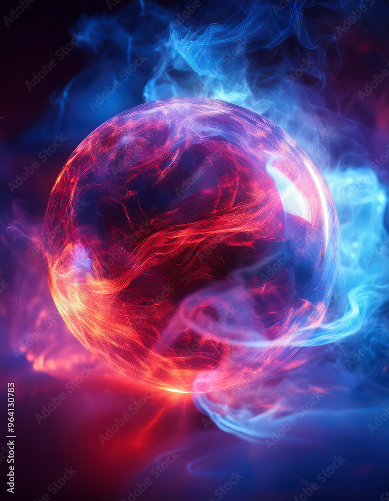 Fototapeta premium Abstract round magical energy sphere. Glowing electric ball in neon blue red clouds of smoke.