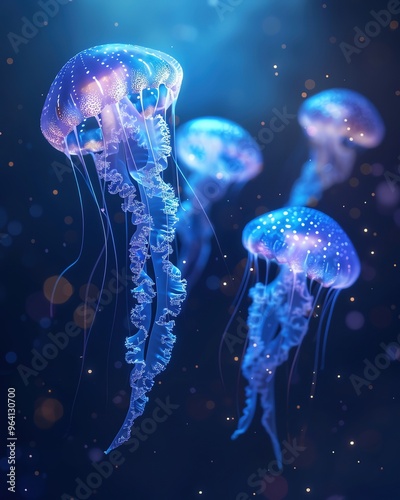 Create an enchanting underwater scene where a group of jellyfish float serenely through the deep ocean