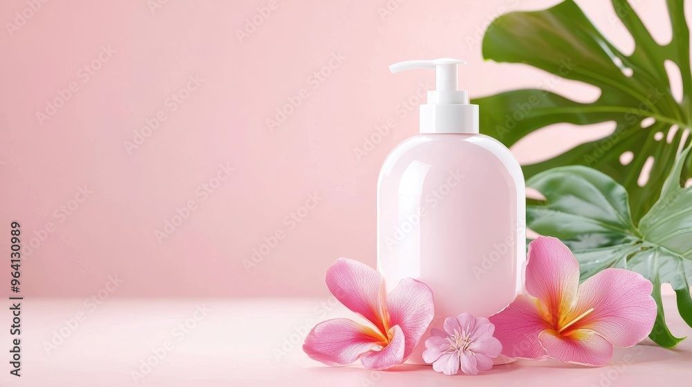 Stylish pink skincare bottle surrounded by tropical flowers and green leaves, perfect for beauty and wellness concepts. Stylish pink skincare bottle surrounded by tropical flowers and green leaves, perfect for beauty and wellness concepts.