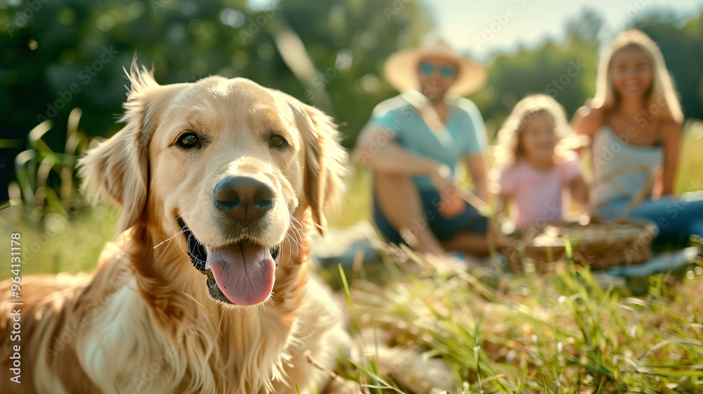 Golden retriever is smiling with its family relaxing in a field during a beautiful sunny day Golden retriever is smiling with its family relaxing in a field during a beautiful sunny day