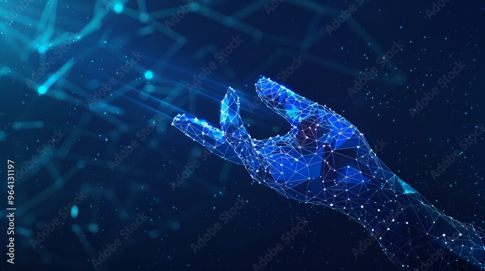 Blue abstract futuristic background with touch of a human hand on the electronic display of the interface, Blue abstract futuristic background with touch of a human hand on the electronic display of the interface,