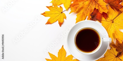 Autumn Coffee Cup Mockup, Coffee Mug on Yellow Autumn Tree Leaves, Hot Drink in Golden Foliage