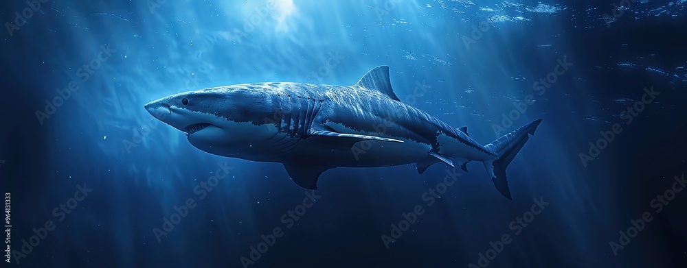Fototapeta premium Design an ethereal underwater scene where a lone shark swims through a deep blue ocean