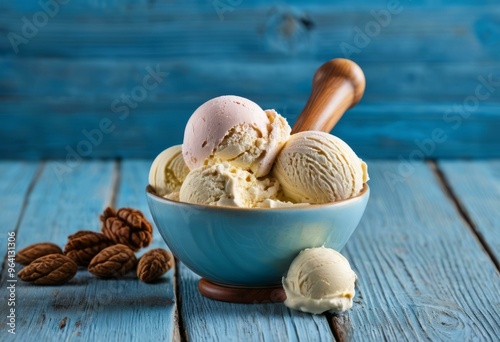 Scoops of Ice Cream in Bowl with Walnuts on Rustic Blue Wooden Table