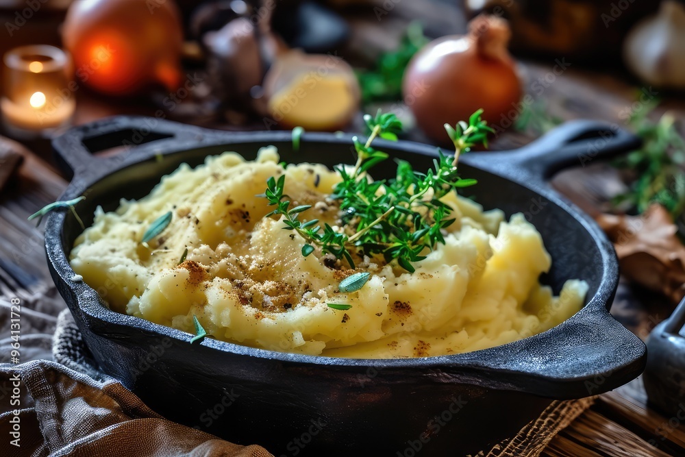 Mashed Potatoe Decorated with Roasted Onions and Greens in Cast Iron Pot, Creamy Whipped Potatoes Mashed Potatoe Decorated with Roasted Onions and Greens in Cast Iron Pot, Creamy Whipped Potatoes
