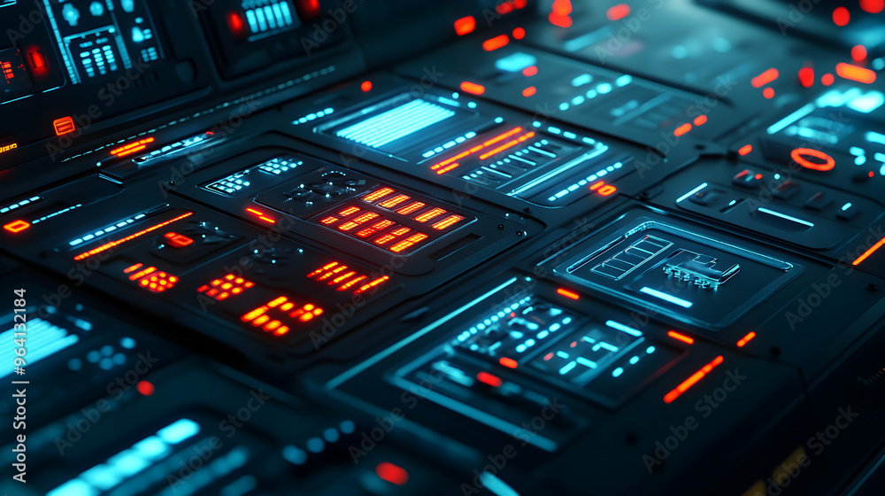Futuristic machinery control panel with digital displays, buttons, and levers, glowing softly under dim ambient light Futuristic machinery control panel with digital displays, buttons, and levers, glowing softly under dim ambient light