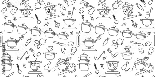 Background. Seamless pattern on a transparent background. Kitchen, dishes, saucepan, knife, cutting vegetables, cooking, vegetables - beets, potatoes, carrots, onions, chicken leg, etc.
