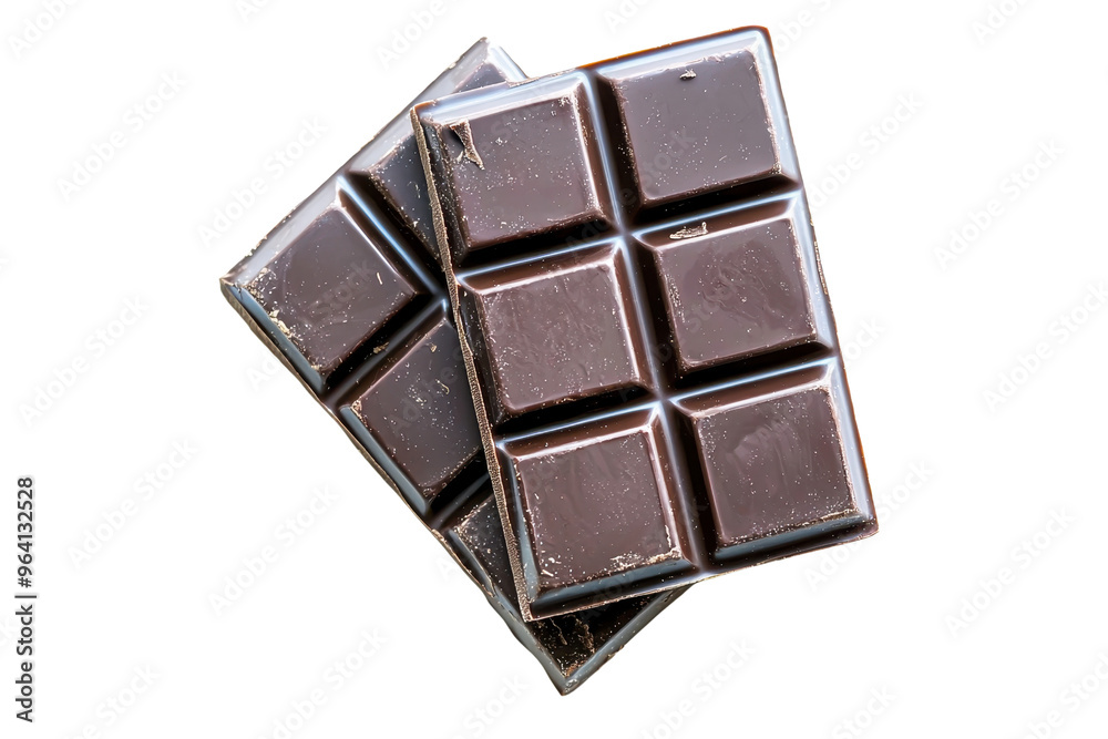Fototapeta premium Close-up of two dark chocolate bars with square segments, isolated on a transparent background. conveying a rich, indulgent treat.