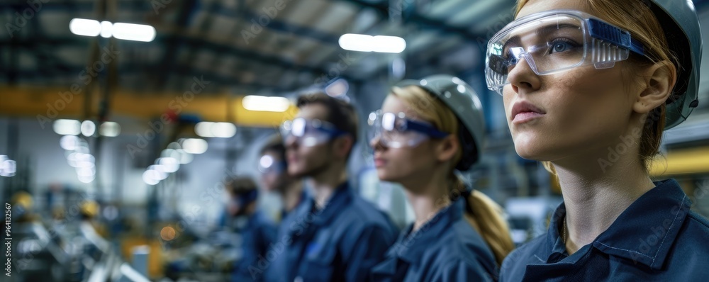 A diverse group of workers wearing safety goggles and uniforms, focusing intently while working on a manufacturing assembly line in an industrial setting A diverse group of workers wearing safety goggles and uniforms, focusing intently while working on a manufacturing assembly line in an industrial setting