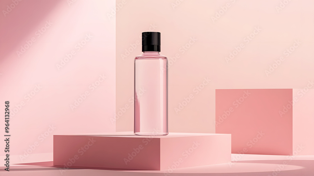 mockup featuring a transparent bottle with a black cap, placed on a minimalist podium with sharp edges and a soft gradient background, capturing a modern aesthetic mockup featuring a transparent bottle with a black cap, placed on a minimalist podium with sharp edges and a soft gradient background, capturing a modern aesthetic
