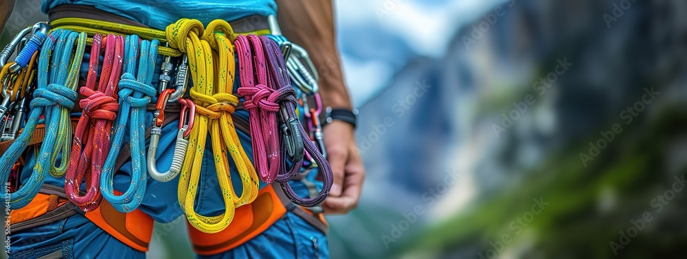 Fototapeta premium Close up of a rock climber's harness with ropes and carabiners. The climber is wearing blue pants and a blue shirt.