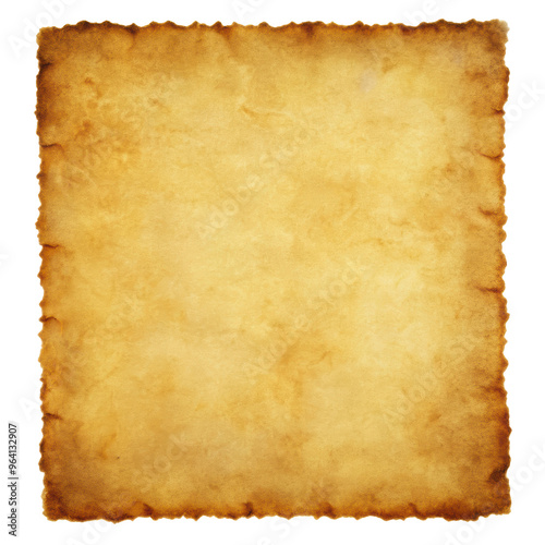 Antique textured parchment paper with burnt edges and a warm brown tone, offering an aged and distressed look. Perfect for vintage or historical design. Isolated on transparent background, png.