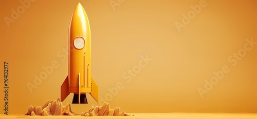 A yellow rocket ship on a sandy surface with a yellow background.  Concept of launching, success, new beginnings, and innovation. photo