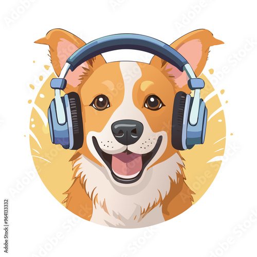 Happy corgi wearing headphones enjoys music in a colorful and cheerful design