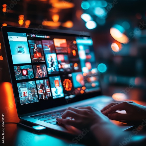 Close-up of a person's hands typing on a laptop with a colorful screen, against a blurred background of warm and cool lights.