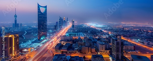 Nighttime Aerial View of Riyadh, Saudi Arabia, Featuring the Kingdom Centre Tower