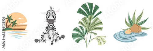 Set of African animals and plants on white background. Illustration of zebra, tropical plants in flat cartoon style. Safari collection. Vector clipart for clothes, fabric, greeting cards, stickers