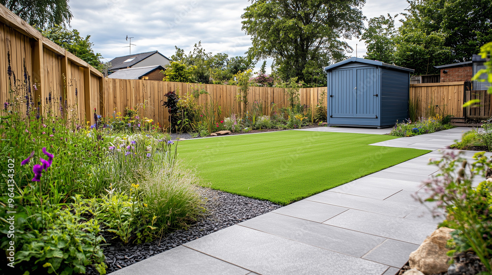 Fototapeta premium Widok zewnętrzny na tylny ogród z równą, sztuczną trawą oraz szarymi płytami chodnikowymi. Ogród posiada pięknie zaaranżowaną rabatę z roślinami, solidne drewniane ogrodzenie i jasną, niebieską szopę.