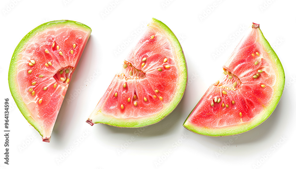 Guava fruit slices isolated on white background with clipping path and full depth of field. Top view. Flat lay Guava fruit slices isolated on white background with clipping path and full depth of field. Top view. Flat lay