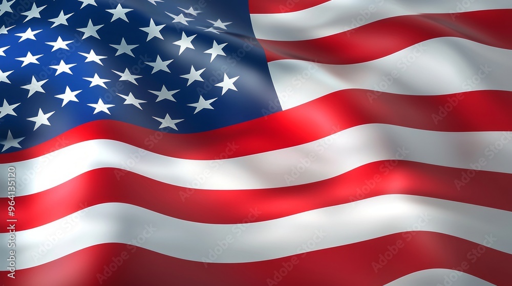 Closeup of a waving American flag with red and white stripes and blue field with stars.