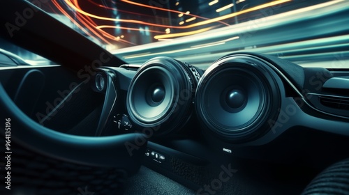 A car interior with premium speakers and a subwoofer, highlighting their placement and design, creating an immersive driving experience. photo