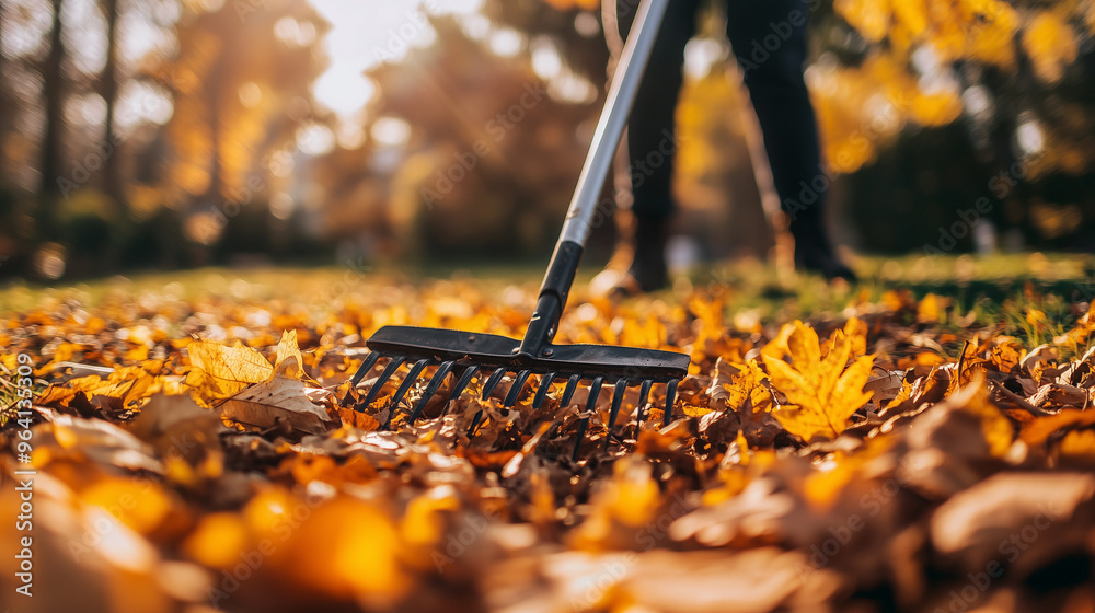 Obraz premium Scena ukazująca osobę grabiącą opadłe liście w ogrodzie w jesiennej scenerii. Kolorowe liście tworzą piękne tło, a postać zaangażowana w grabienie odzwierciedla typowe czynności sezonowe.