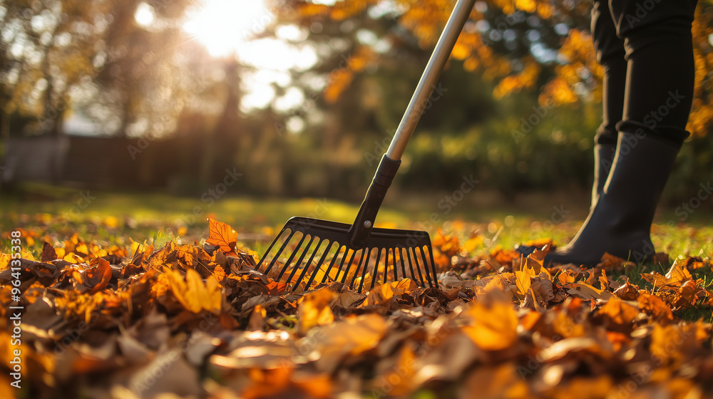 Obraz premium Scena ukazująca osobę grabiącą opadłe liście w ogrodzie w jesiennej scenerii. Kolorowe liście tworzą piękne tło, a postać zaangażowana w grabienie odzwierciedla typowe czynności sezonowe.