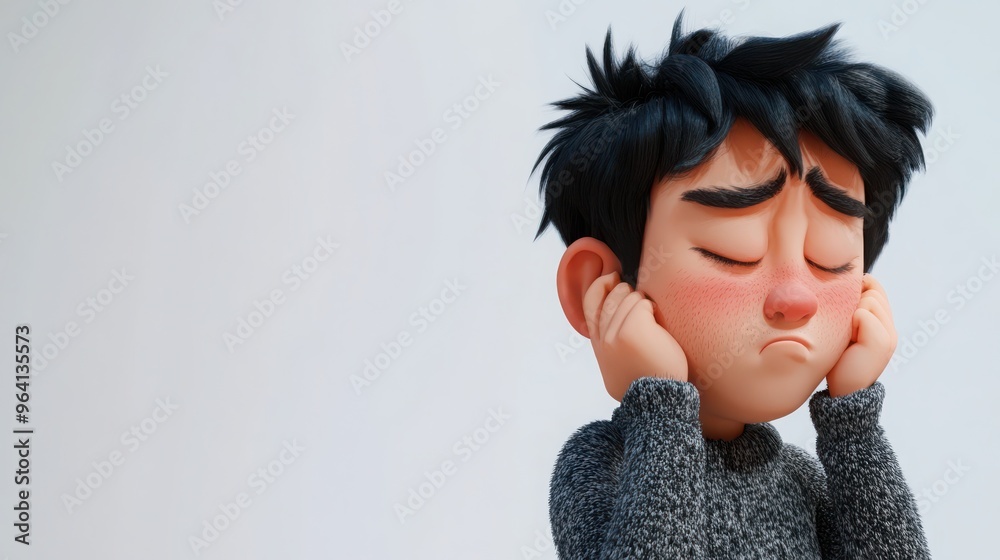 A 3D cartoon character with an earache, holding their ear with a pained expression, eyes squeezed shut, on a white background A 3D cartoon character with an earache, holding their ear with a pained expression, eyes squeezed shut, on a white background